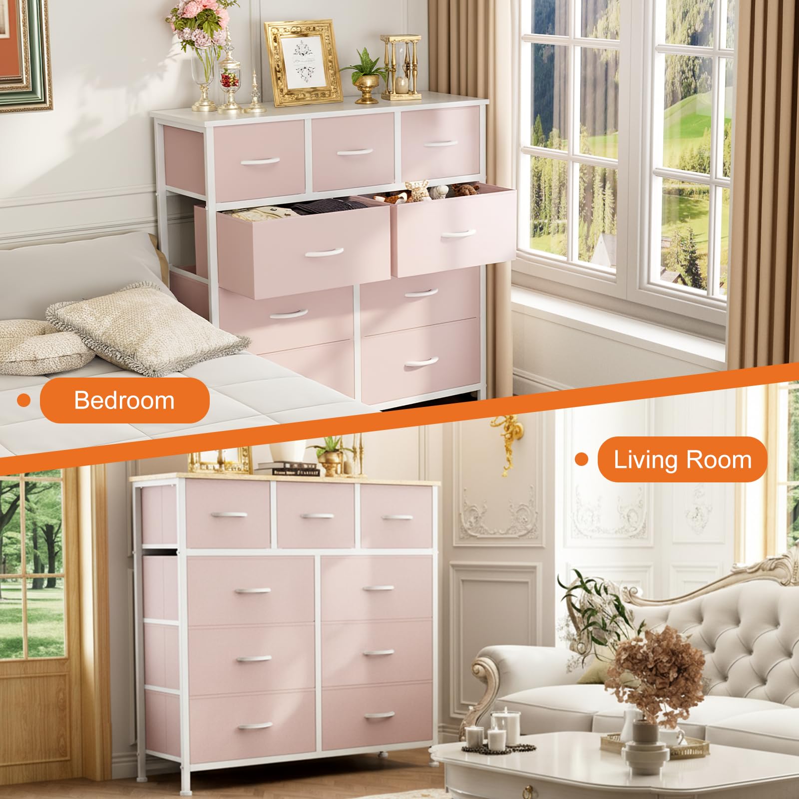 Sweetcrispy 9 Drawer Fabric Dresser Storage Tower Drawer Organizer, Pink