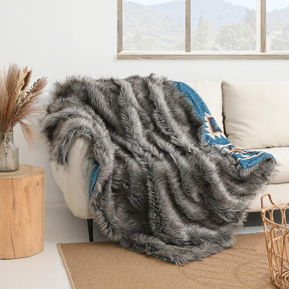 Luxury Plush Faux Fur Throw Blanket with Aztec Pattern, Super Warm, Fuzzy, Elegant, Fluffy