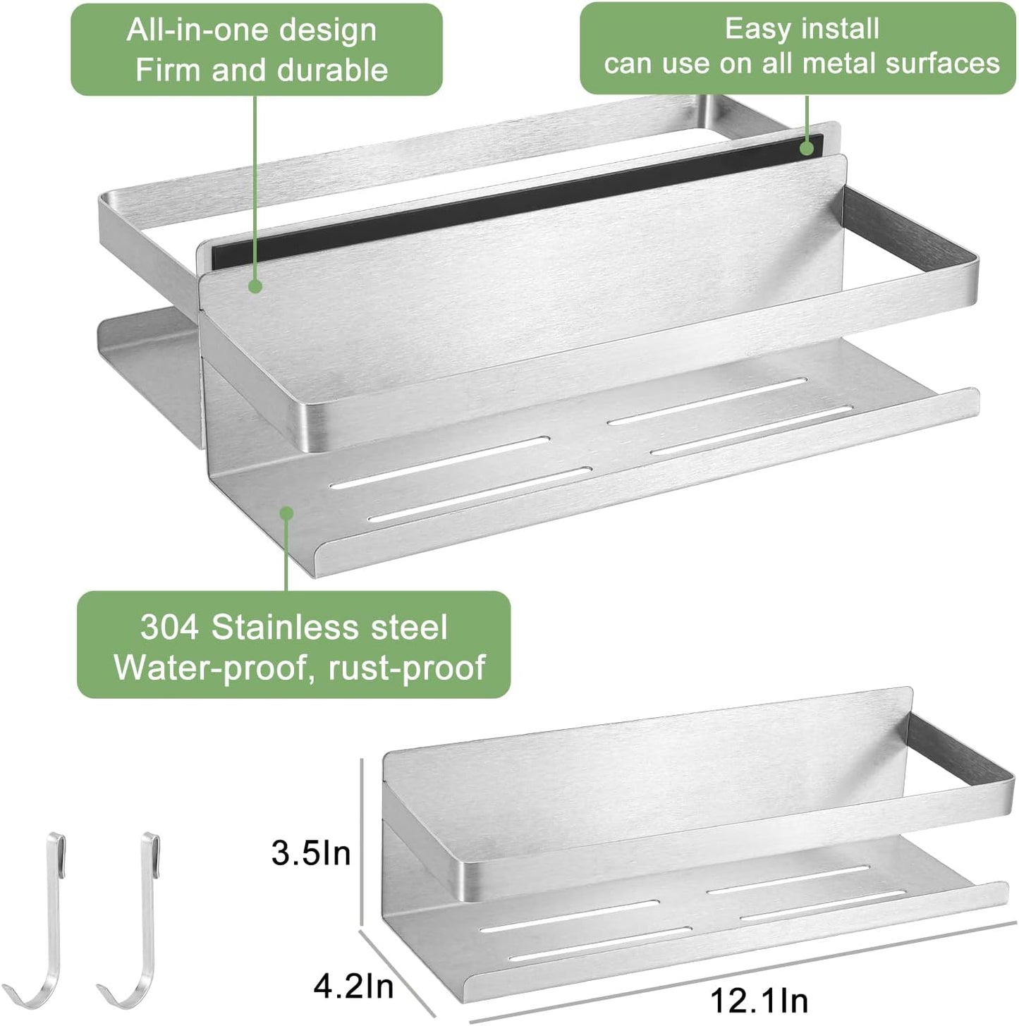 Magnetic Spice Rack for Refrigerator Spice Organizer, Strong Magnetic Shelf with 2 Removable Hooks