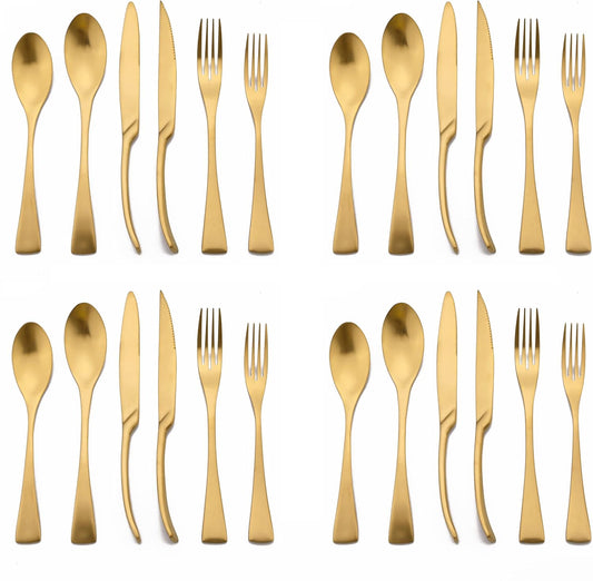 Golden Silverware Set, 24 Pieces Stainless Steel Eating Utensil Set with Gift Box, Include Knife