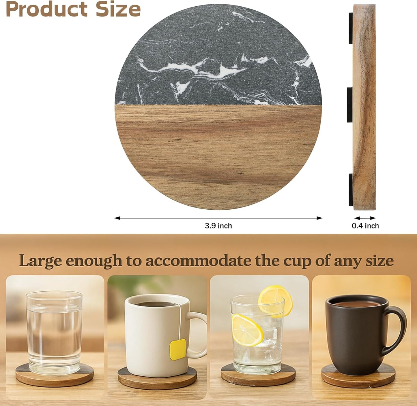 ZENFUN 6 Pc Black Marble Wood Coasters, Round Coaster, Handcrafted Artificial Marble Coasters Set