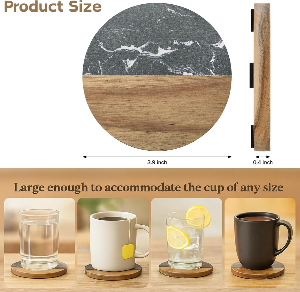 ZENFUN 6 Pc Black Marble Wood Coasters, Round Coaster, Handcrafted Artificial Marble Coasters Set