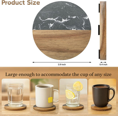 ZENFUN 6 Pc Black Marble Wood Coasters, Round Coaster, Handcrafted Artificial Marble Coasters Set