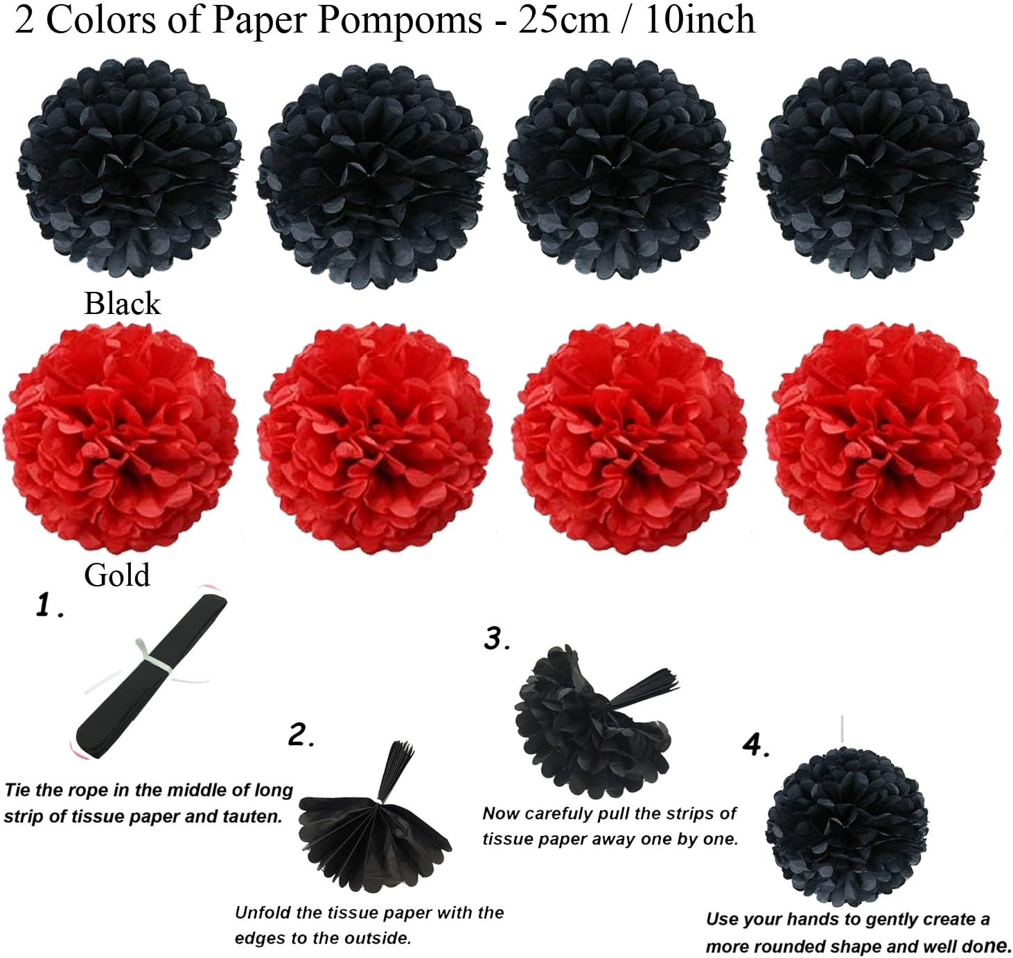 ZERODECO Party Decoration, 21 Pcs Black and Red Hanging Paper Fans Pom Poms Flowers, Garlands