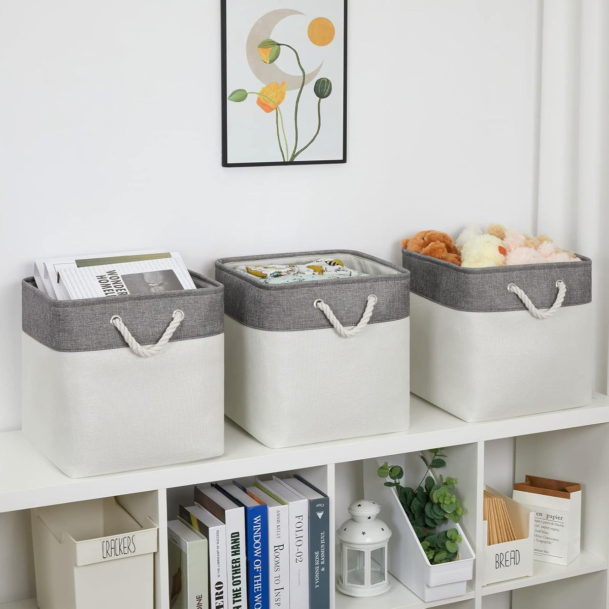 Bidtakay Fabric White Baskets for Shelves Set of 3 Cube Storage Large Organizer Bins 13x13 Closet