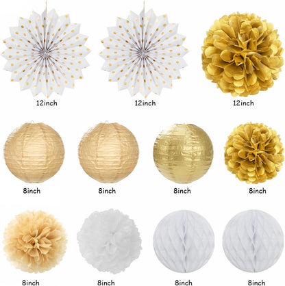 White Champagne Gold Birthday Party-Decorations - 21pcs Happy Birthday Banner,Paper Lanterns,Tissue
