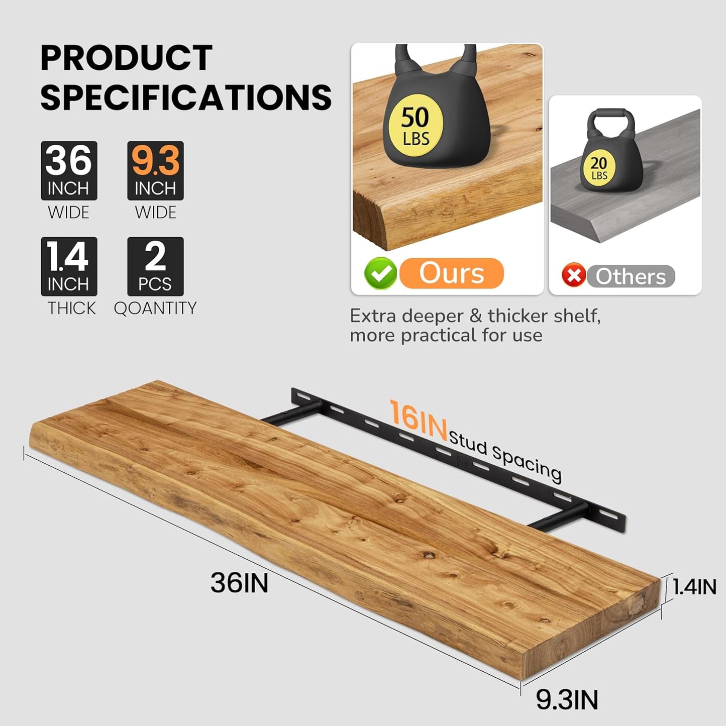 Floating Shelves for Wall, 36"x9.3" Rustic Solid Live-Edge Elm Wood Wall Shelves, Heavy-Duty