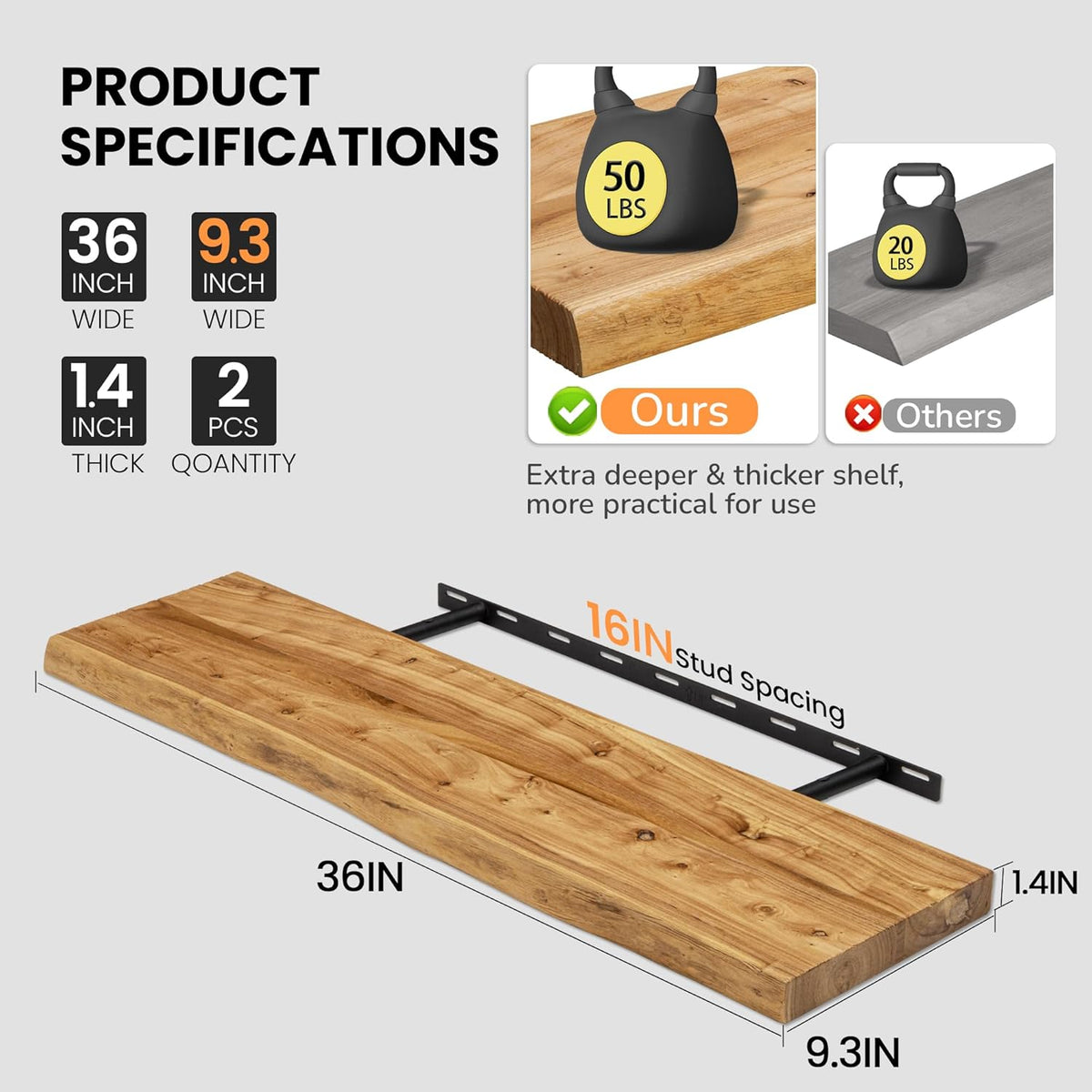 Floating Shelves for Wall, 36"x9.3" Rustic Solid Live-Edge Elm Wood Wall Shelves, Heavy-Duty