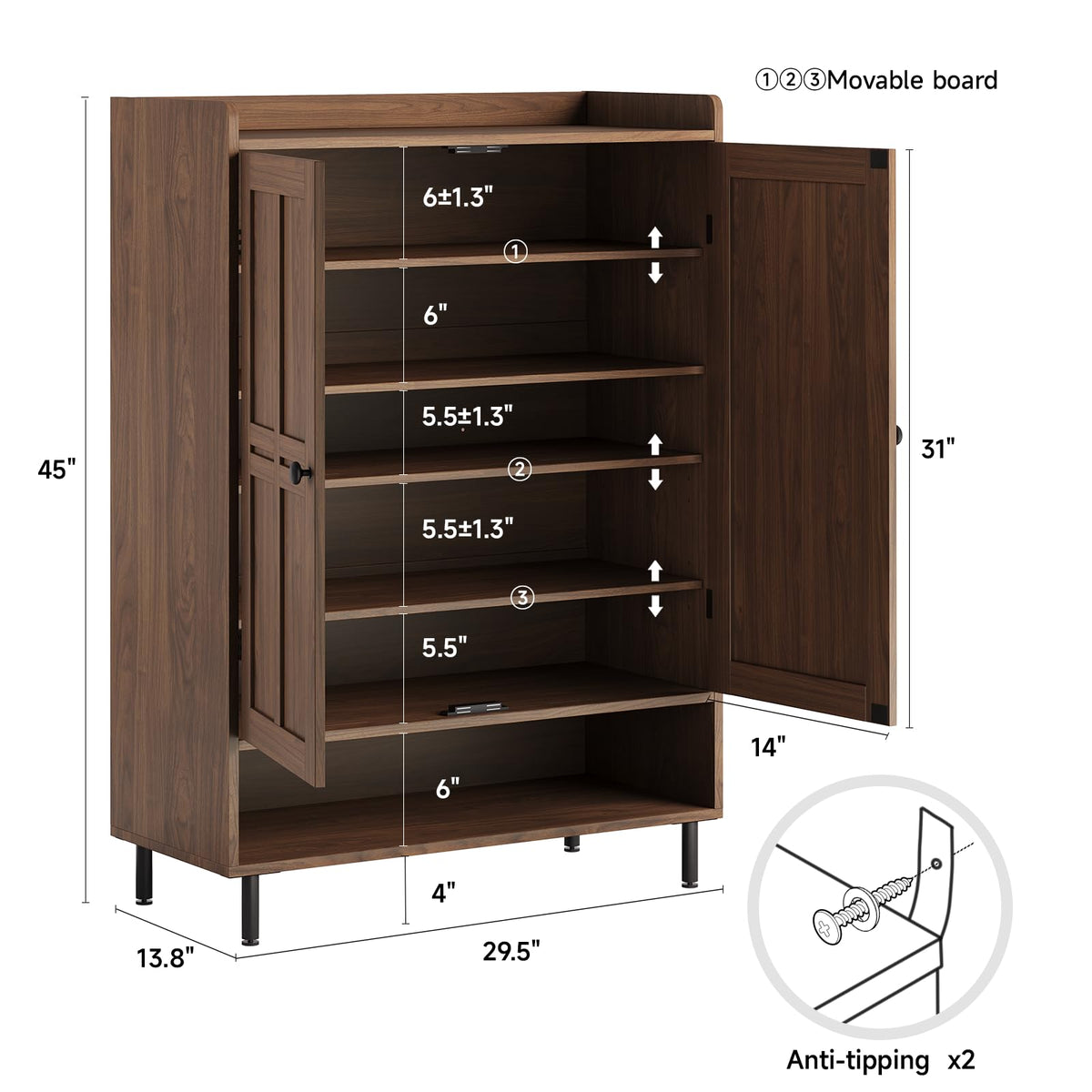 ComfyCorner Shoe Cabinet with Cross Molding Doors, 6-Tier Storage, Walnut