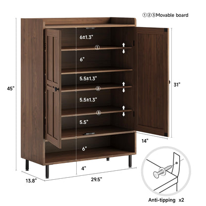 ComfyCorner Shoe Cabinet with Cross Molding Doors, 6-Tier Storage, Walnut