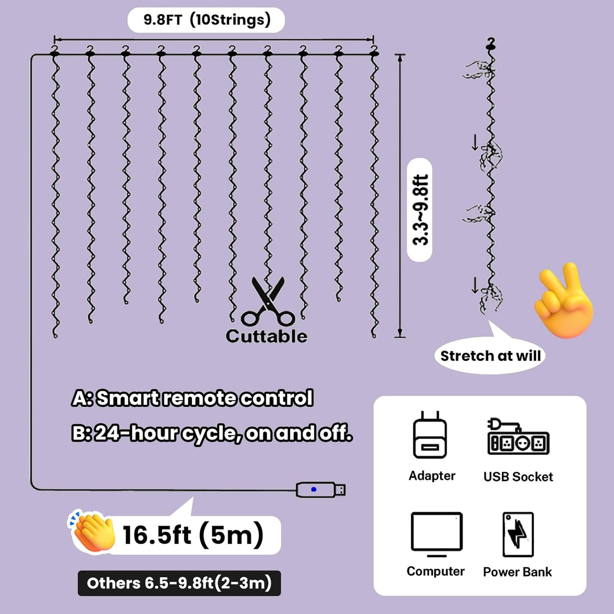 HXWEIYE 300LED Fairy Curtain Light (Upgrade Two Kinds of Light Clips) with Remote 8 Modes