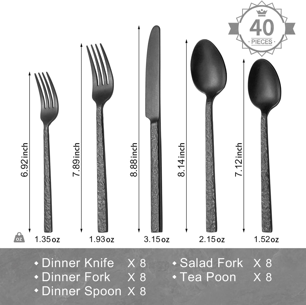 KINGSTONE 40 Pcs Black Hammered Silverware Set for 8, 18/10 Stainless Steel Heavy Duty Flatware