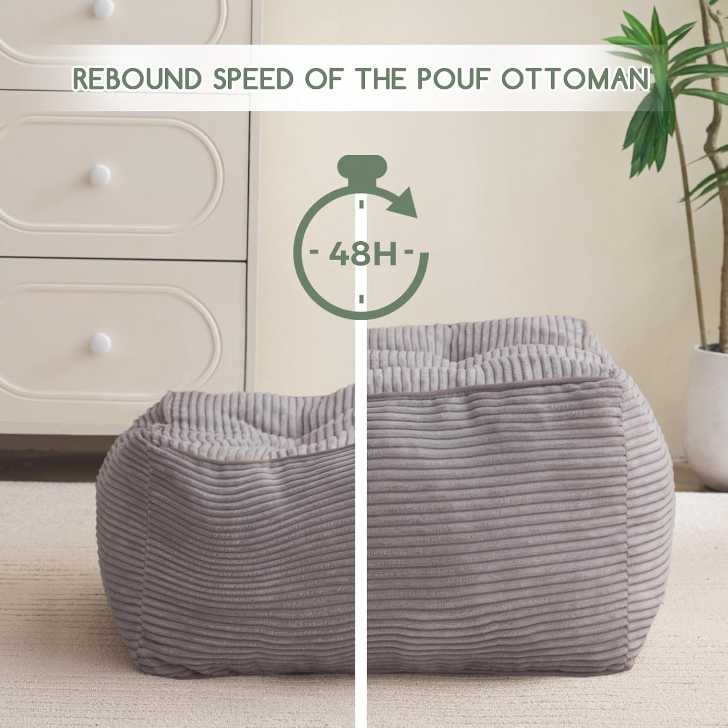 HIGOGOGO Square Stuffed Pouf Ottoman, Corduroy Poufs with Foam Chunk Filling, Furry and Fluffy Pouf