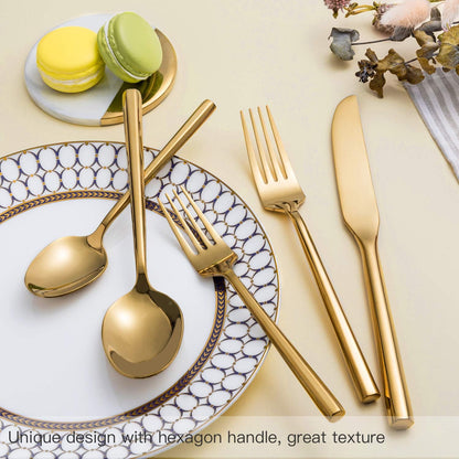 Gold Silverware Set Flatware Set Stainless Steel Cutlery Set 60 Pieces Thick Heavy Hexagon Handle