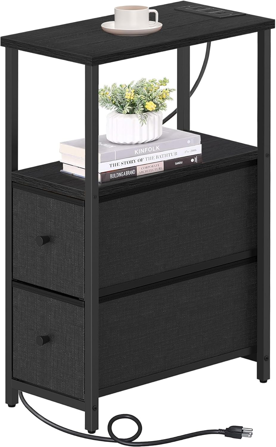 TUTOTAK Small Narrow End Table with Charging Station, Side Table with Outlets, Nightstand with 2