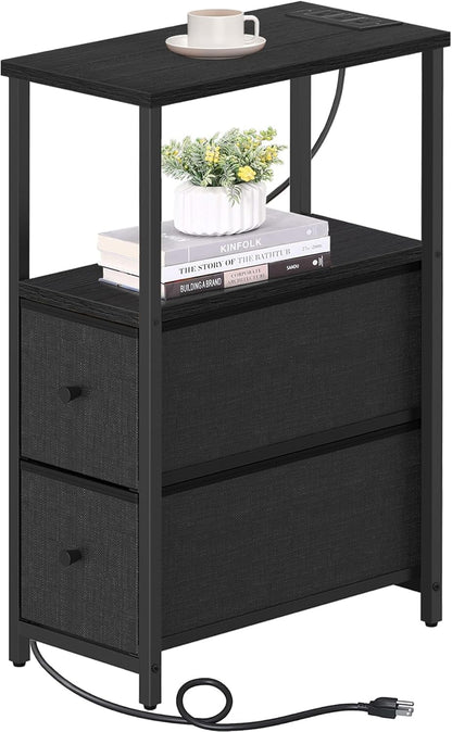 TUTOTAK Small Narrow End Table with Charging Station, Side Table with Outlets, Nightstand with 2