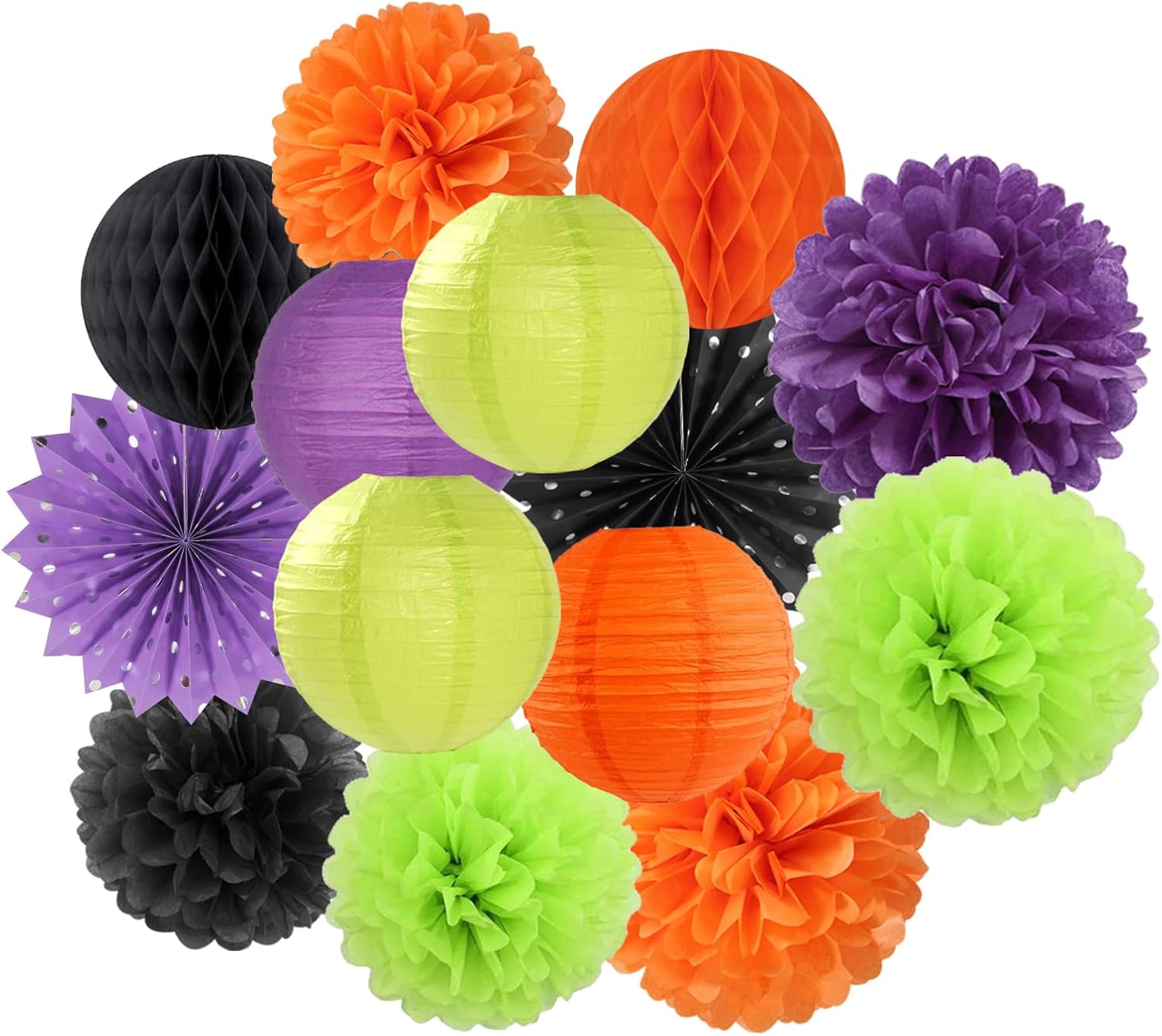 Black-Orange Purple Green Halloween Party-Decorations - 14pc Kit Paper Lanterns Fan,Tissue Flower