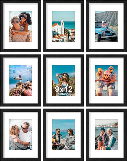 Vittanly 9x12 Picture Frames Set of 9, Shatter Resistant Plexiglass, Display 6x8 Pictures with Mat
