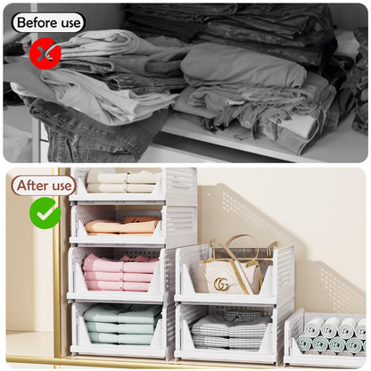 4 Pack Folding Closet Organizers Storage Box, Stackable Storage Bins, Plastic Drawer Basket Closet