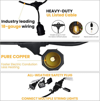 Svater 48 FT Outdoor String Lights 2W, Commercial Grade Patio Light with 15 pc Edison Shatterproof