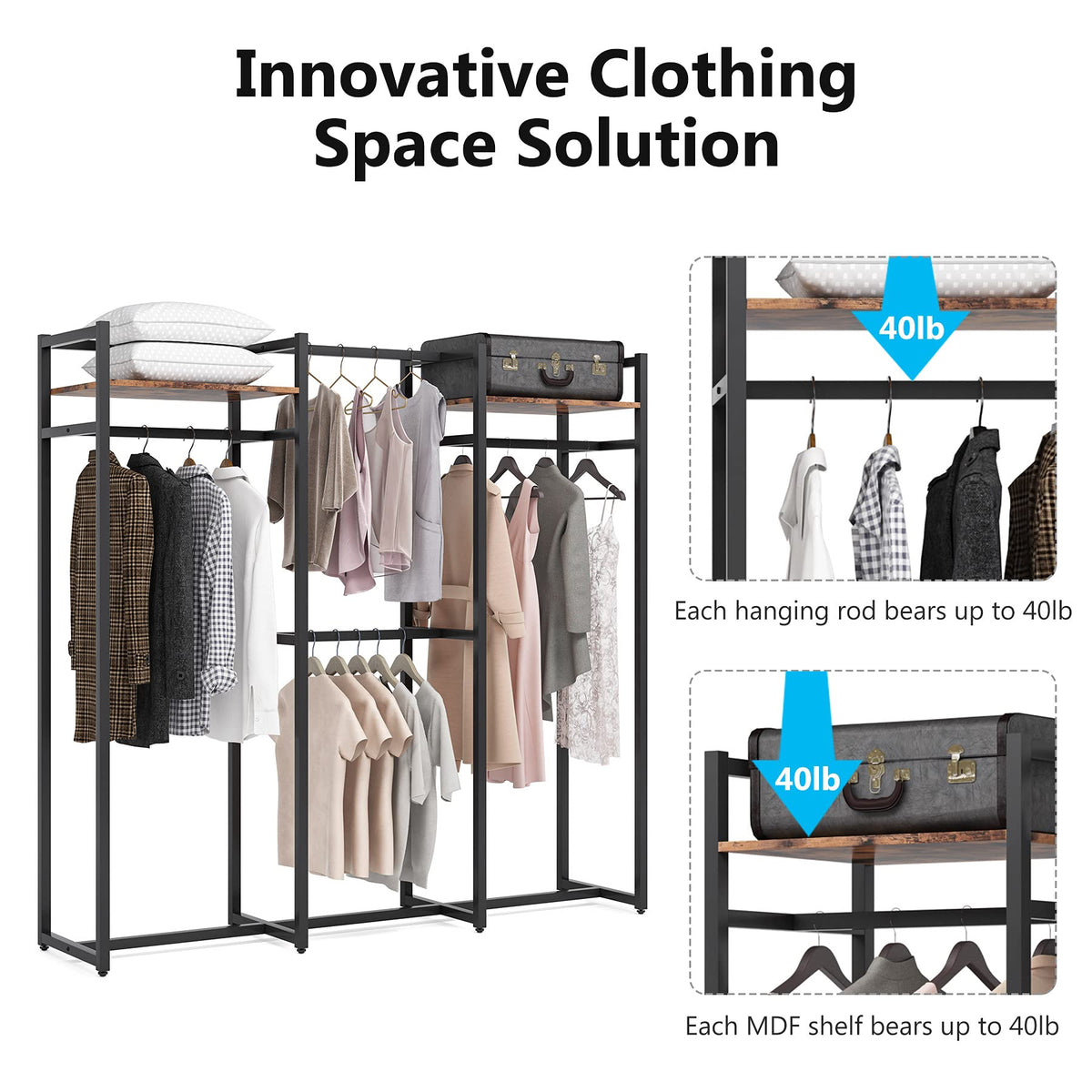 Tribesigns Garment Rack with Shelves and Hanging Rod (Dark Black)