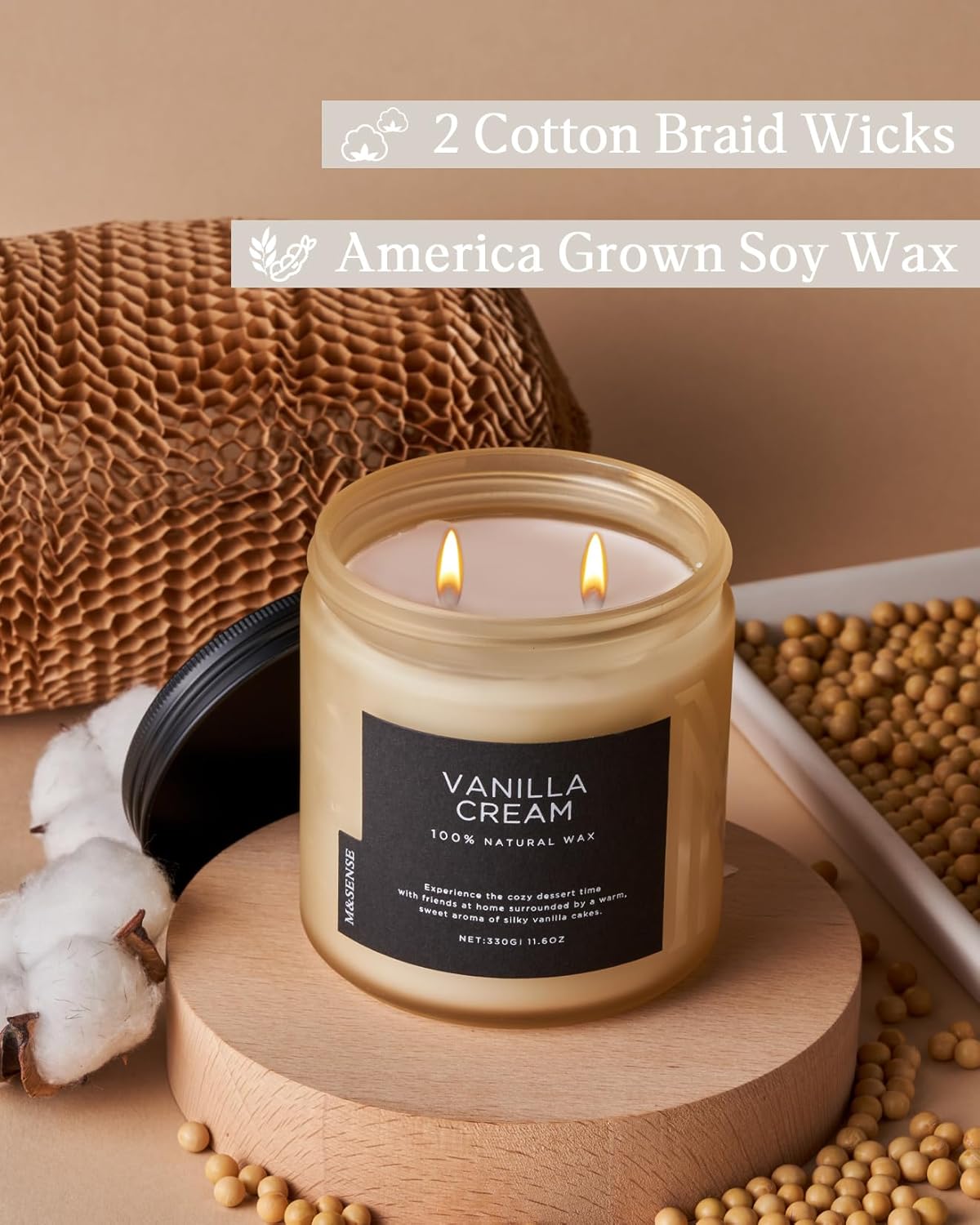 M&SENSE Vanilla Soy Candles, Medium 2 Wick 11.6oz 70 Hours Burning Time, All Natural Organic Soy