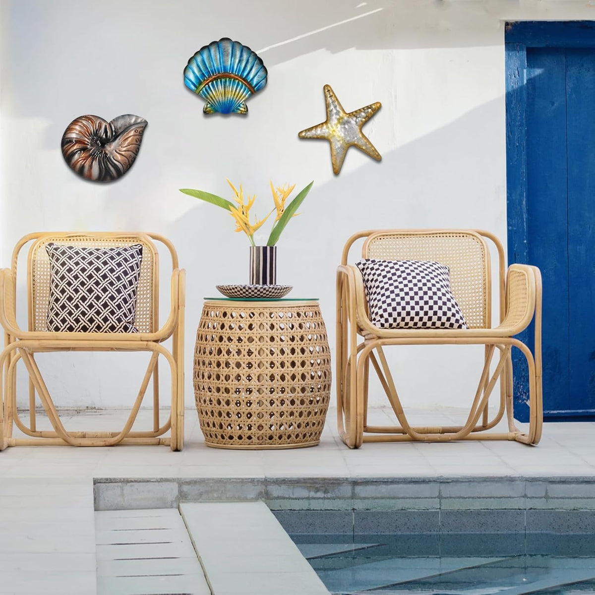 Metal Ocean Wall Sculptures Outdoor Metal Sea Star Conch Wall Art Decor Pool Garden Patio Bathroom