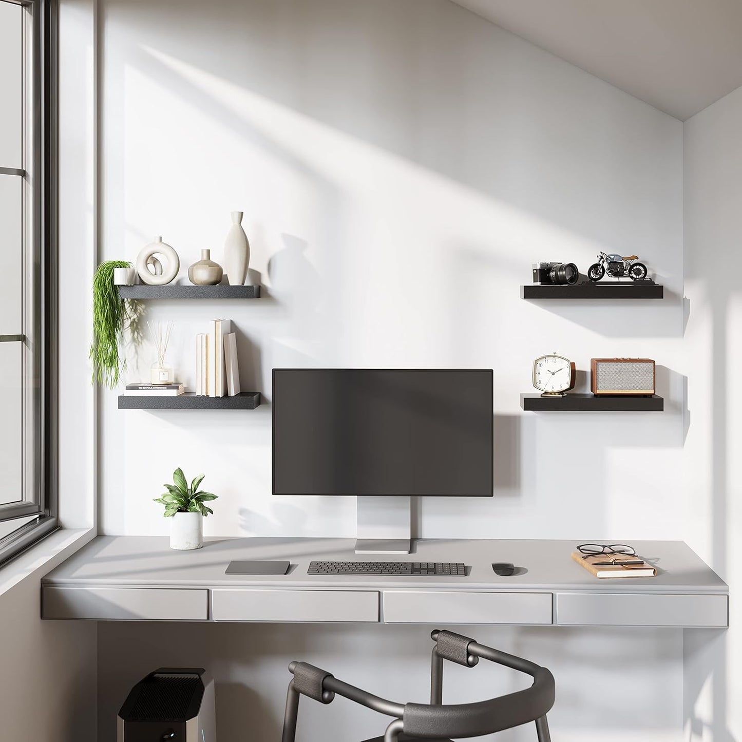 BAMEOS Floating Shelves, Black Wall Mounted Wooden Shelves with Invisible Brackets Set of 2