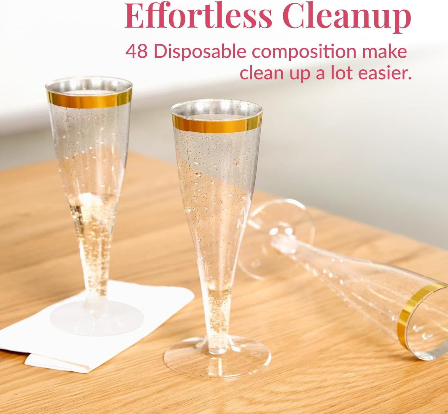 Prestee 48 Disposable Plastic Champagne Flutes with Gold Rim Glitter - Clear Toasting Glasses for