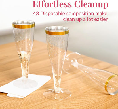 Prestee 48 Disposable Plastic Champagne Flutes with Gold Rim Glitter - Clear Toasting Glasses for