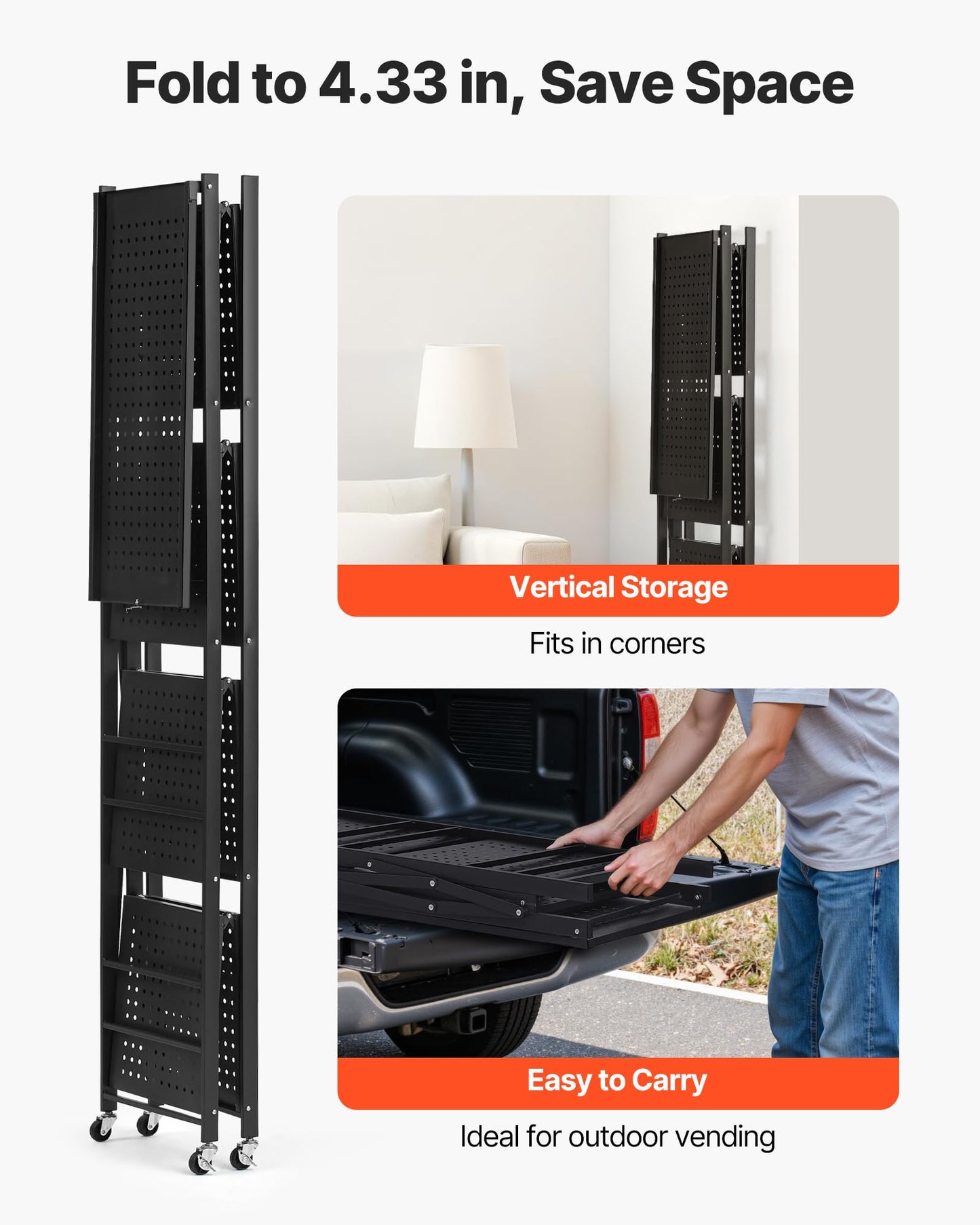 VEVOR 4-Tier Foldable Storage Shelf, 28W x 13D x 54H Inch Folding Metal Rack Shelving Unit, No