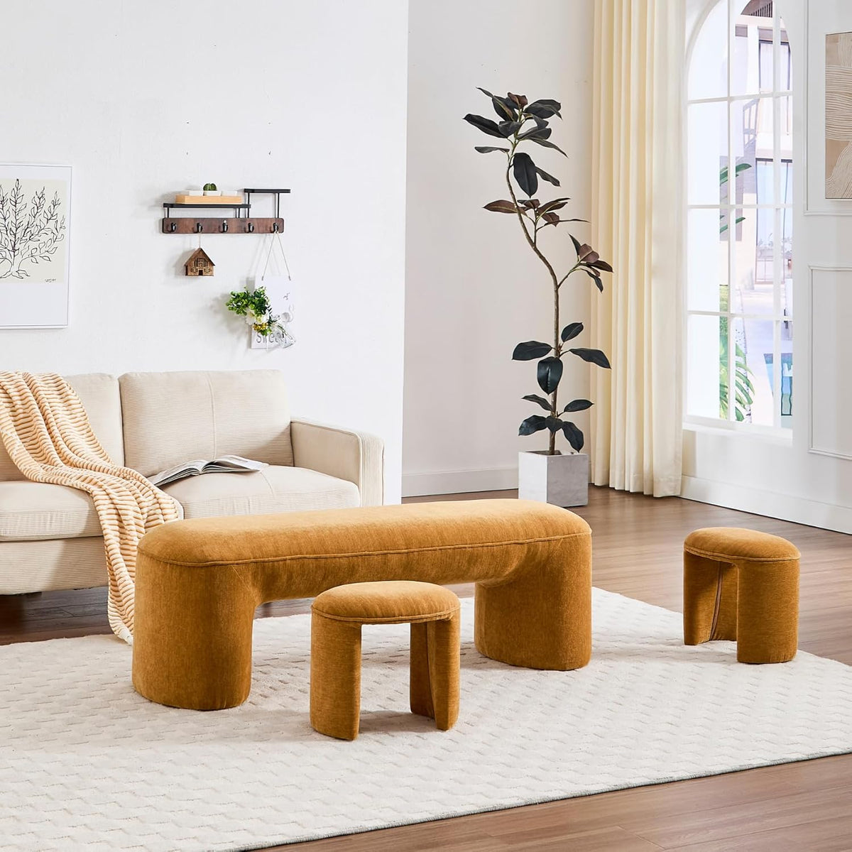 3-Piece 53" Comfy Upholstered Dining Bench with 2 Ottomans, Accent Waterfall Bench Modern End of