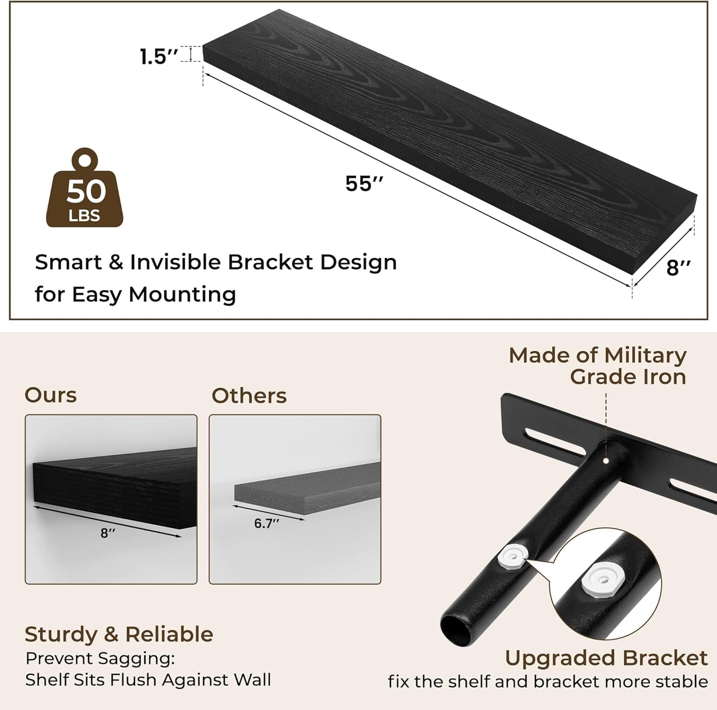 RICHFOCUS 55Inch Floating Shelves for Wall 1 Pack Shelves for Bedroom|Kitchen|Bathroom Wall Mounted