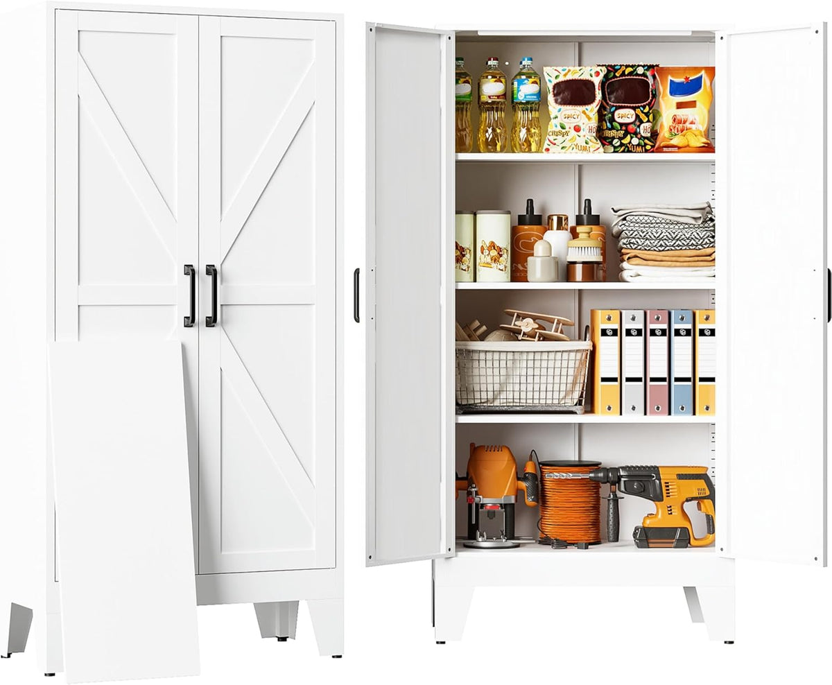 SISESOL Metal Storage Cabinet with 2 Doors and 3 Shelves,White Pantry Storage Cabinet with