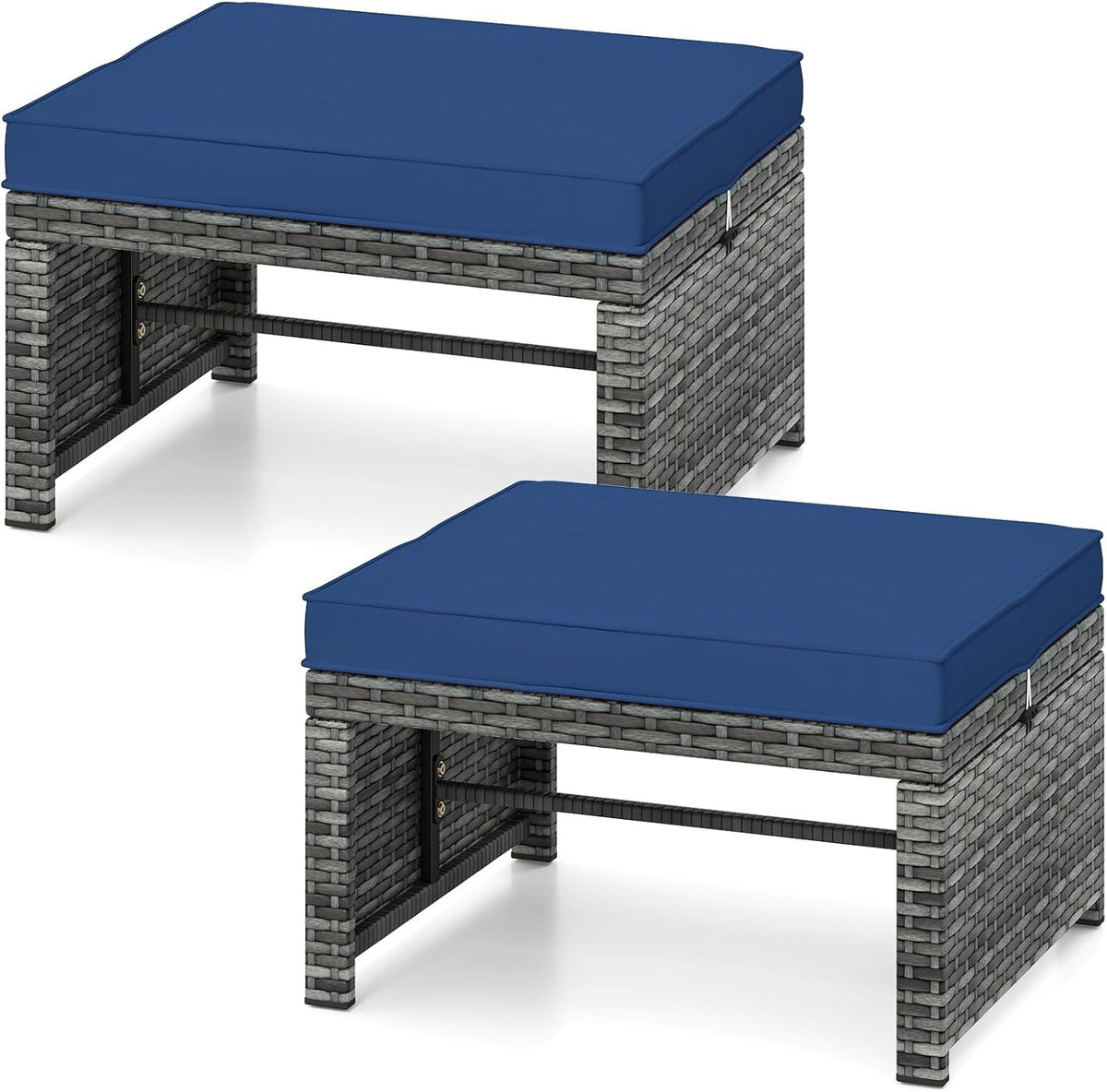 Tangkula 2 Pieces Patio PE Rattan Ottomans, Multipurpose Outdoor Footstool Footrest Additional