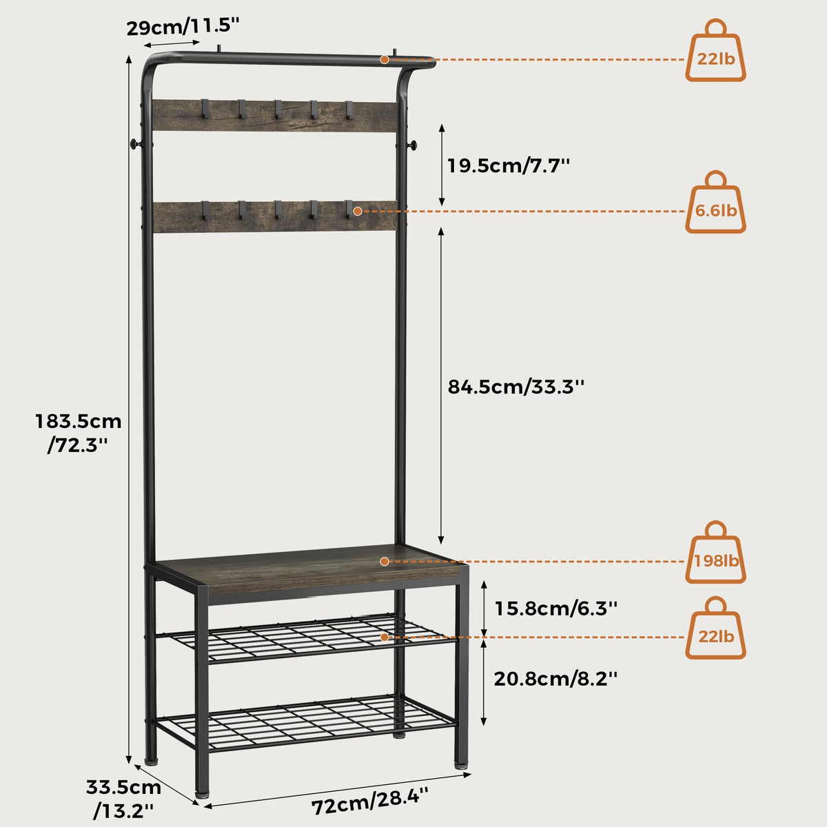 DUMOS 5-in-1 Hall Tree with Coat Rack and Shoe Bench, Industrial Entryway Storage Organizer with