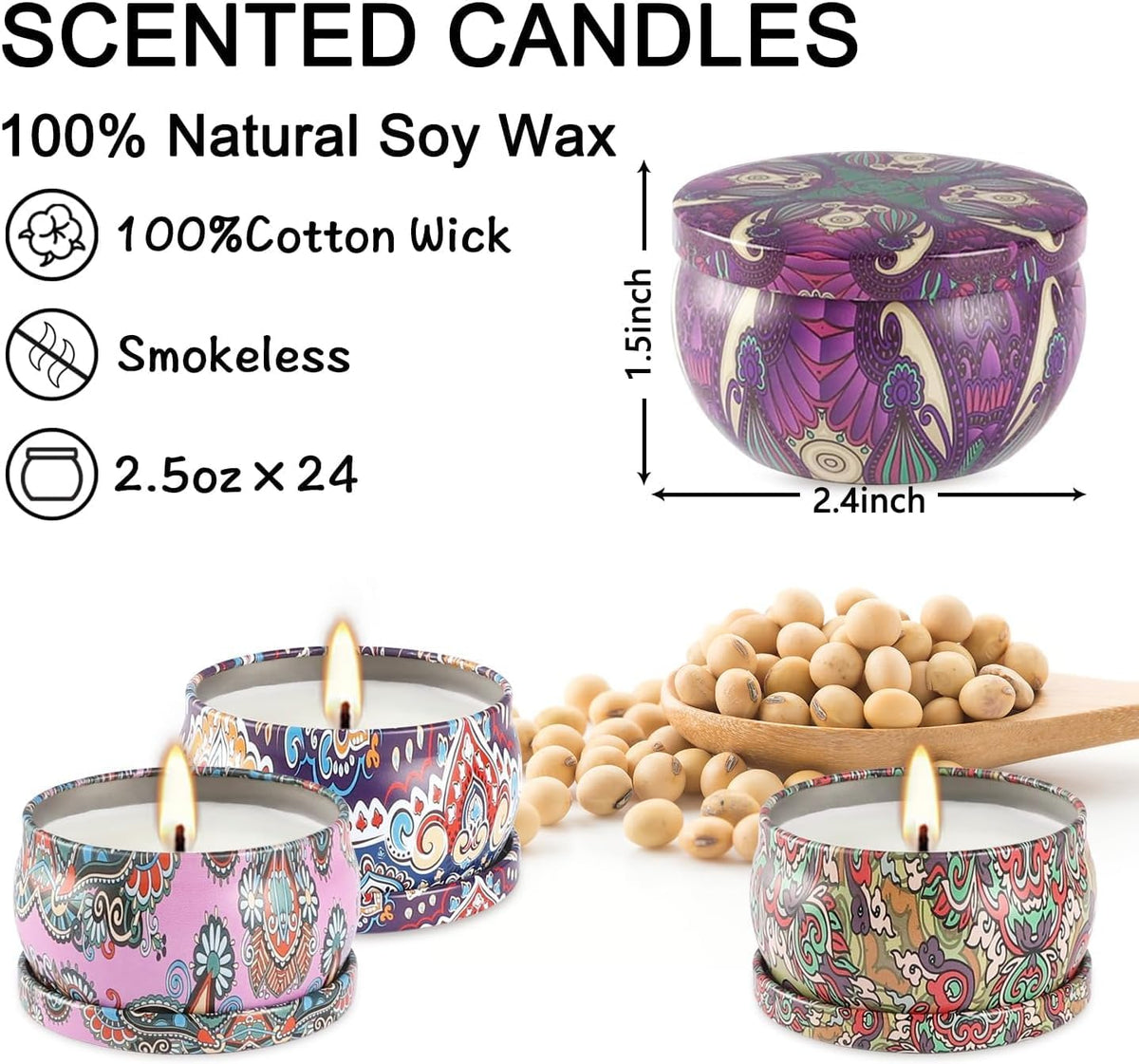 24 Pack Scented Candles Set for Home, Relaxing Stress Relief, Aromatherapy - Natural Soy Wax and