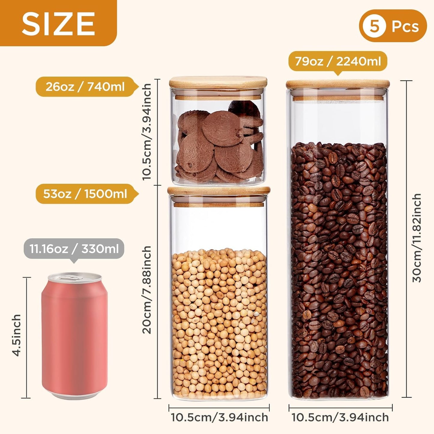 Square Glass Food Storage Jars with Lids[Set of 5], Perfect for Pasta, Cookies, Nuts, Coffee