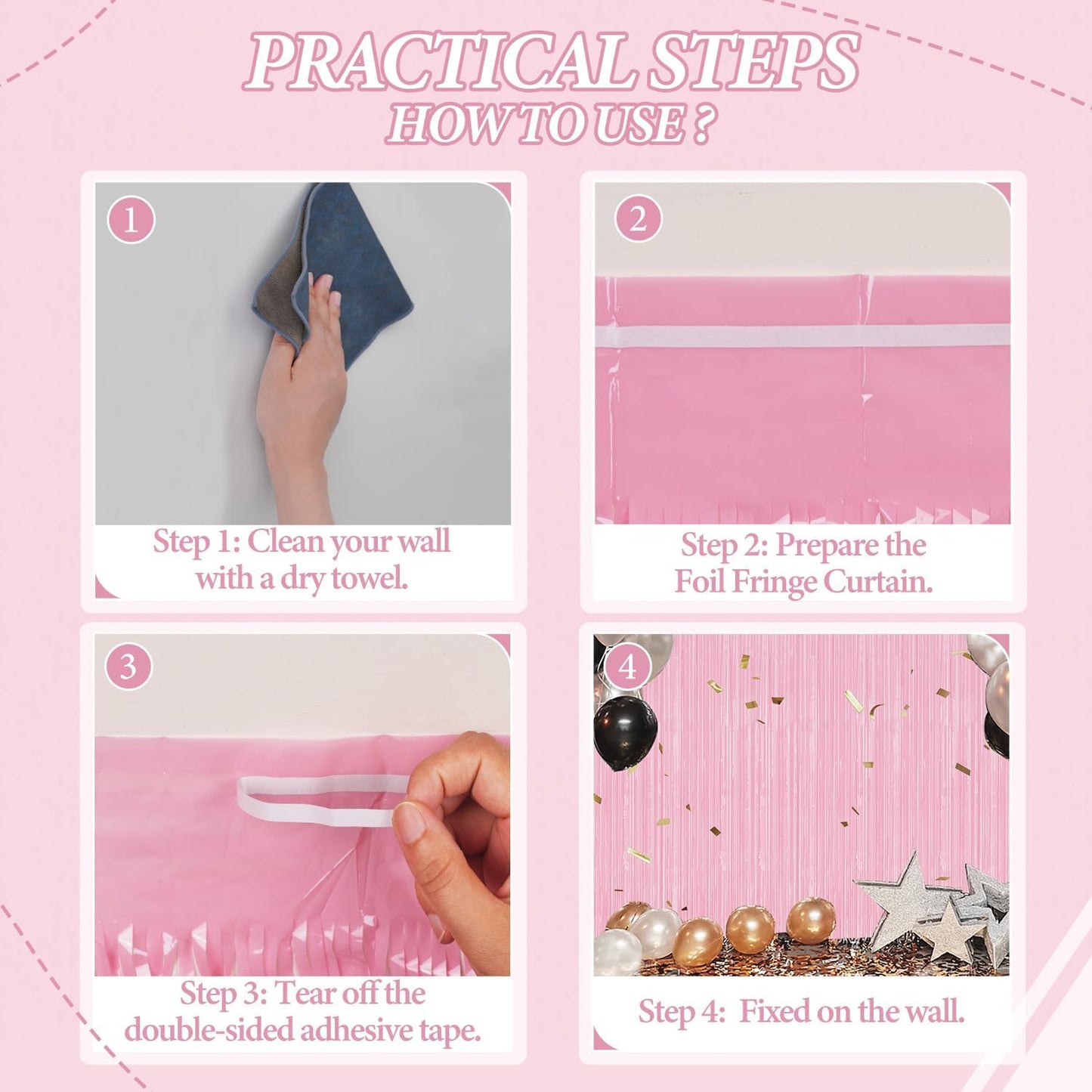 3 Pack Foil Fringe Backdrop - PastelPink Shiny Tinsel Curtains for Party Decoration/Photo Booth
