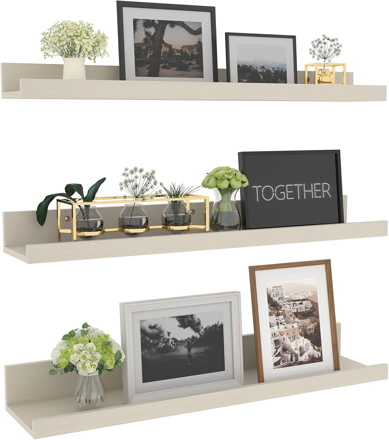 Giftgarden 24 Inch Floating Shelves for Wall, Creamy White Beige Wood-Grain Wooden Shelf Ledge for