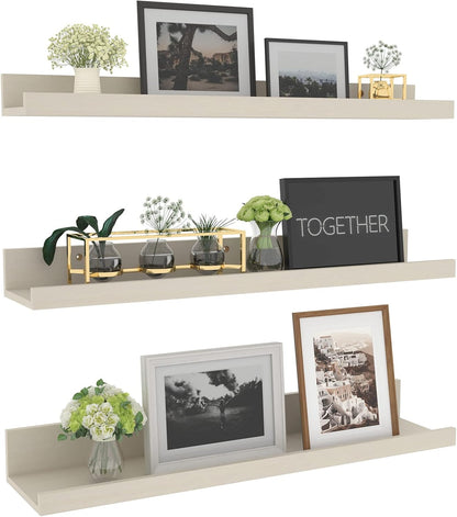 Giftgarden 24 Inch Floating Shelves for Wall, Creamy White Beige Wood-Grain Wooden Shelf Ledge for