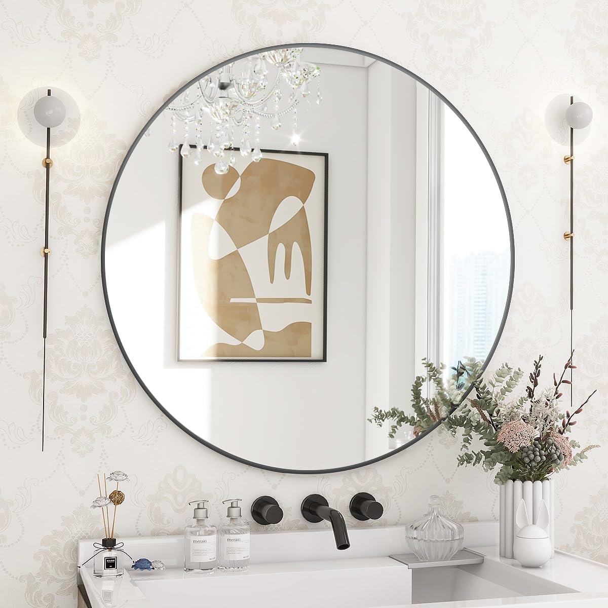 BEAUTYPEAK 24 Inch Round Mirror, Metal Frame Circle Mirror, Wall Mounted for Entryway, Bathroom