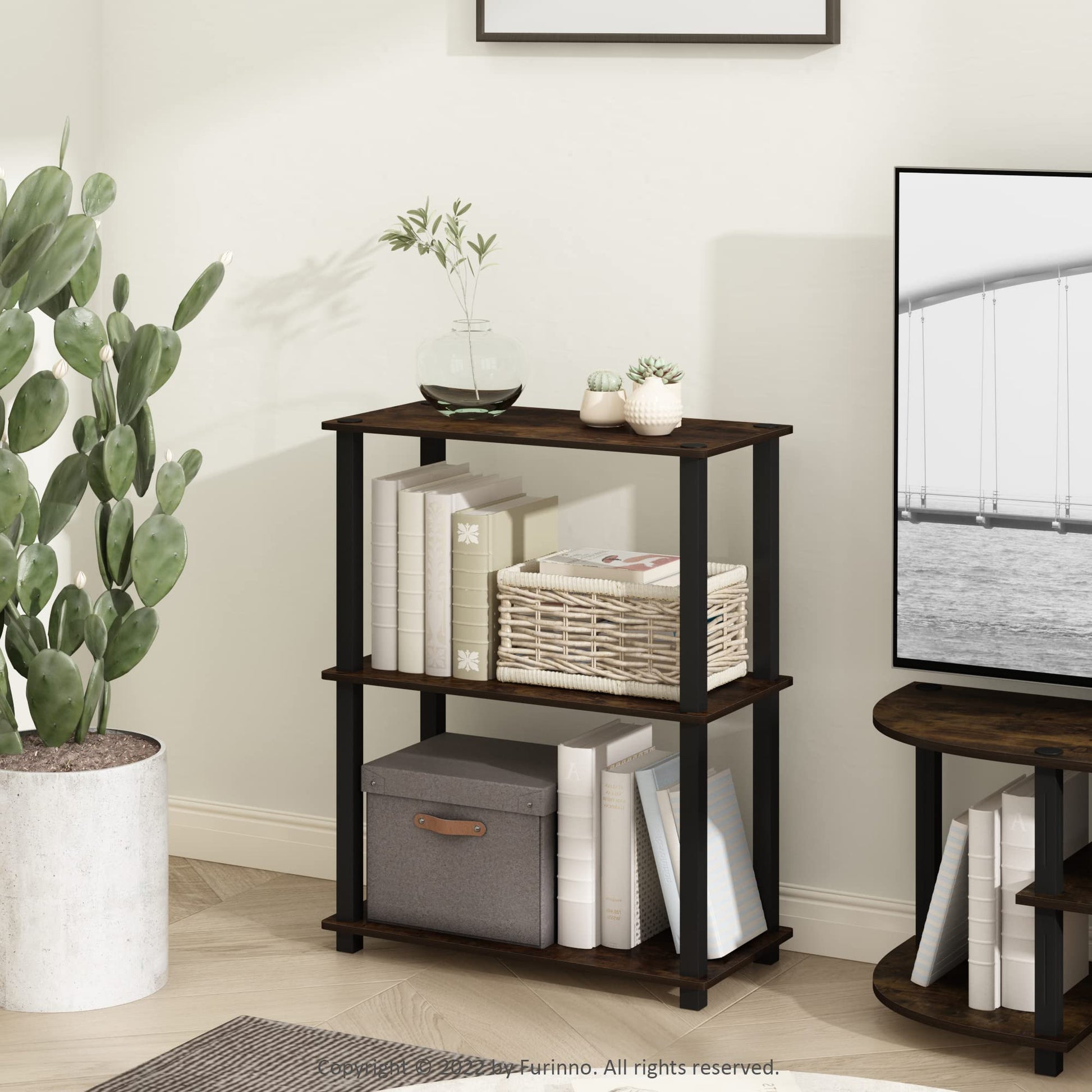 Furinno TURN-S-TUBE Storage Shelves, 3-Tier Book Shelf, Corner Shelf, Toolless Open Shelves, for