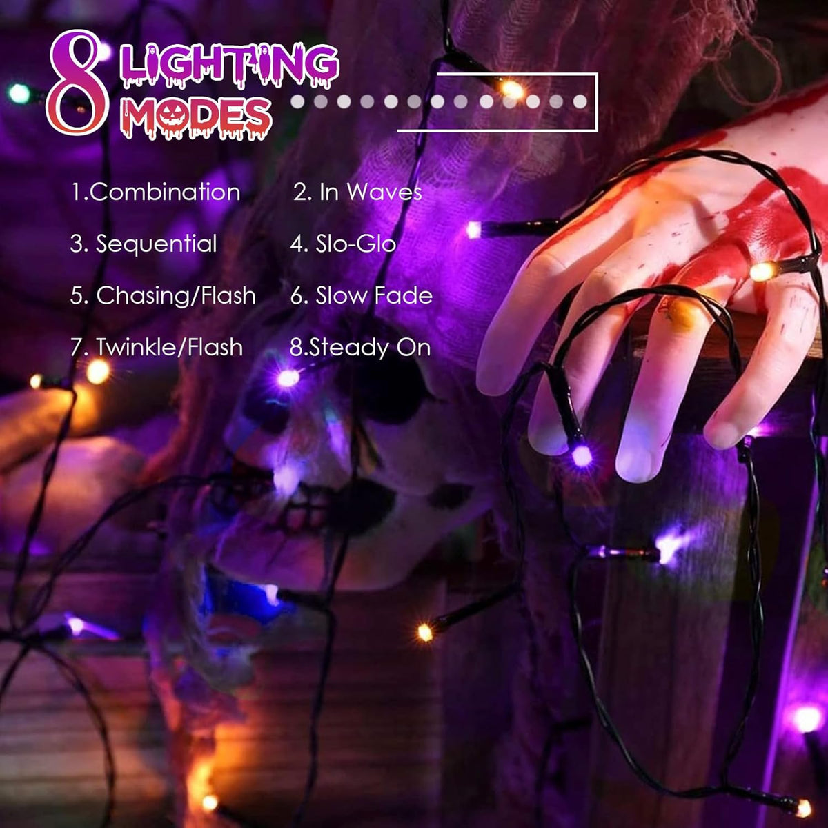 4pk Orange and Purple Solar Halloween Lights Outdoor Waterproof, 400LED 132FT Solar Powered LED