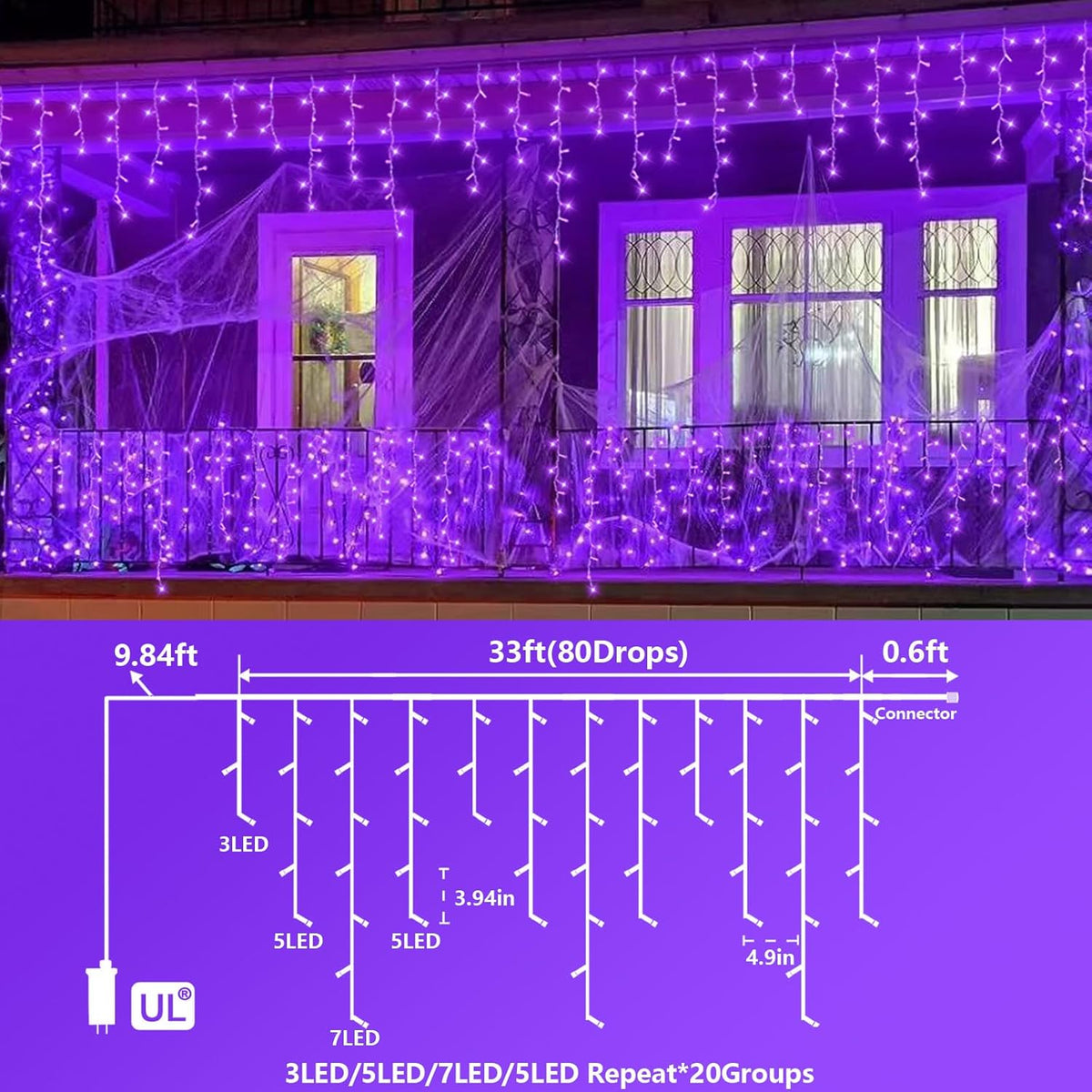 YEGUO 33ft 400 LED Purple Icicle Halloween Lights Outdoor Waterproof, 80 Drops Icicle Light