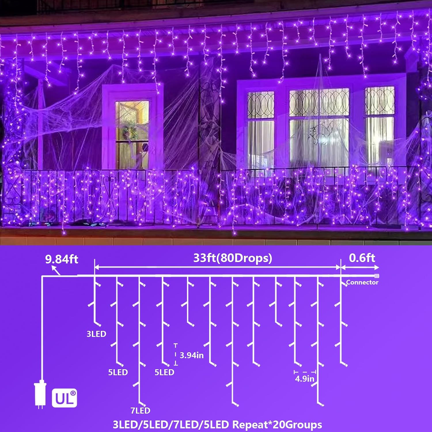 YEGUO 33ft 400 LED Purple Icicle Halloween Lights Outdoor Waterproof, 80 Drops Icicle Light