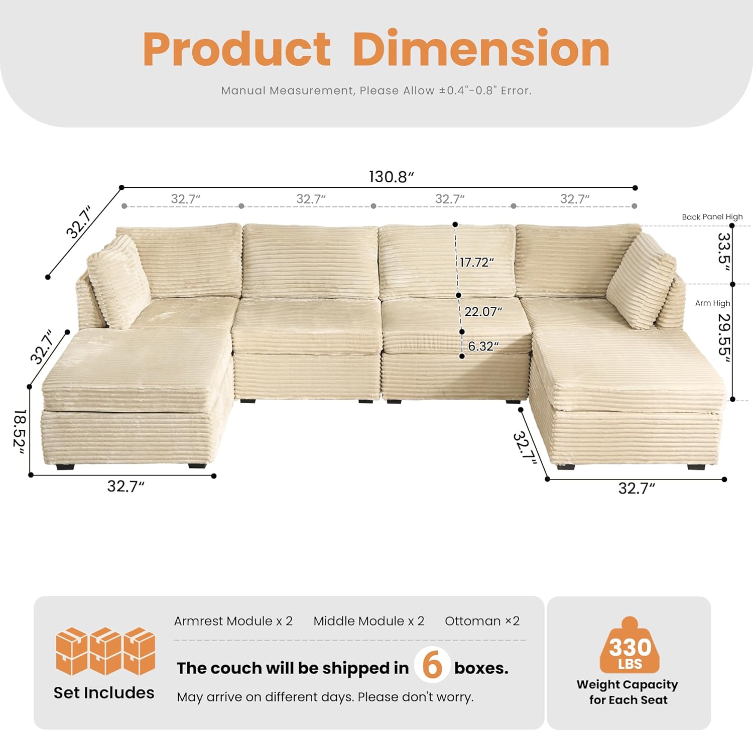 HOOOWOOO Modular Sectional Sofa,6 Pieces Sectional Couches for Living Room,131X66 L Shaped Cloud