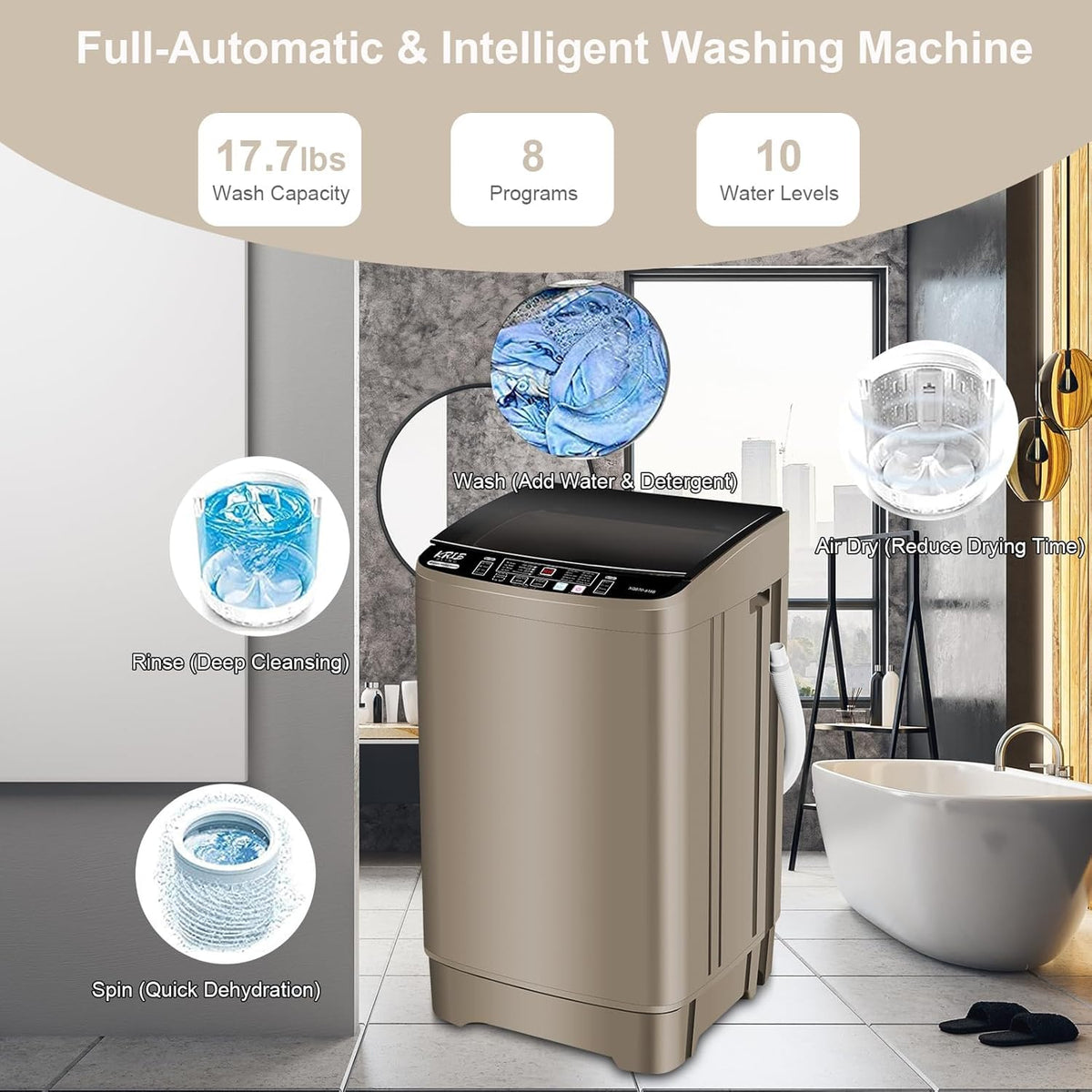 17.7 lbs Full Automatic Washing Machine with LED Display Compact Washing Machine with Drain Dump
