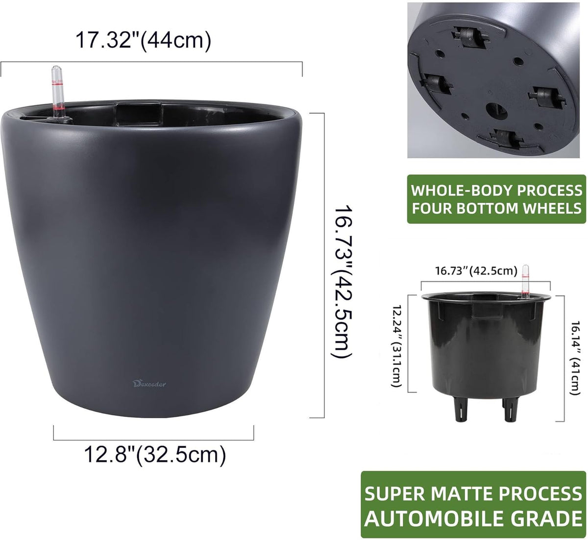 Dexceder 18x17 Self Watering Planter with Wheels Indoor Outdoor, Inner Pot Design, Thickened Large