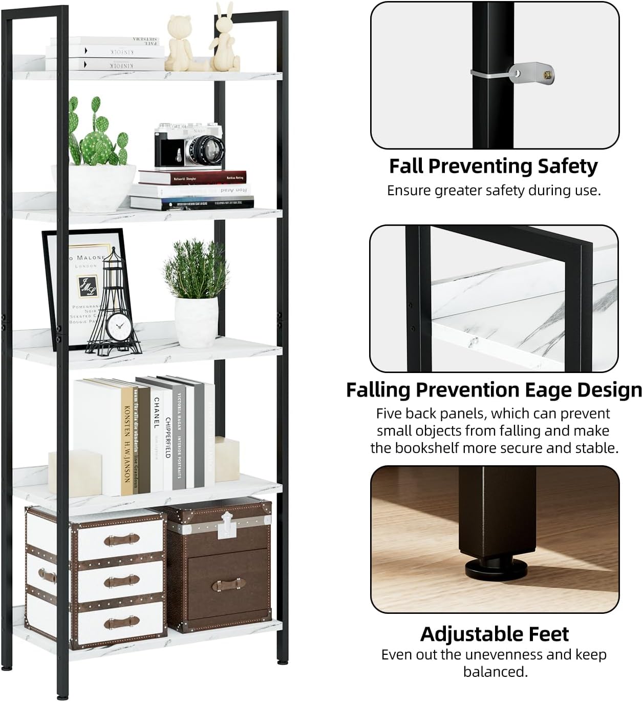 NUMENN Bookshelf, 5 Tier Bookshelves, Home Office Bookcase Shelf Storage Organizer, Free Standing